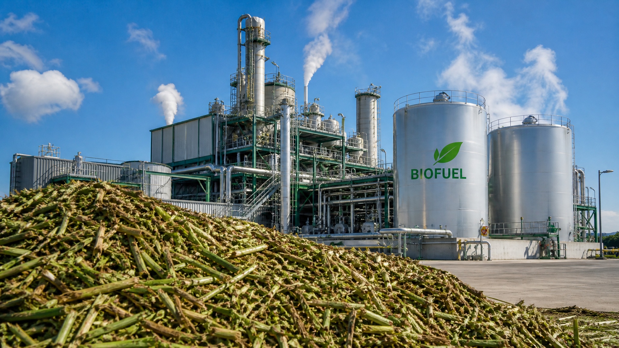 Modern industrial biorefinery converting plant biomass into renewable biofuel and clean energy