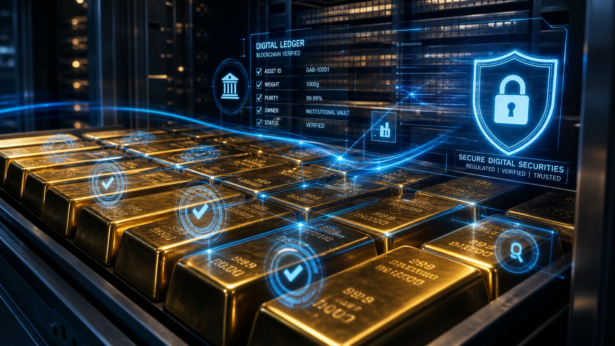 Gold bars in a secure vault with blockchain digital token overlay representing asset tokenization